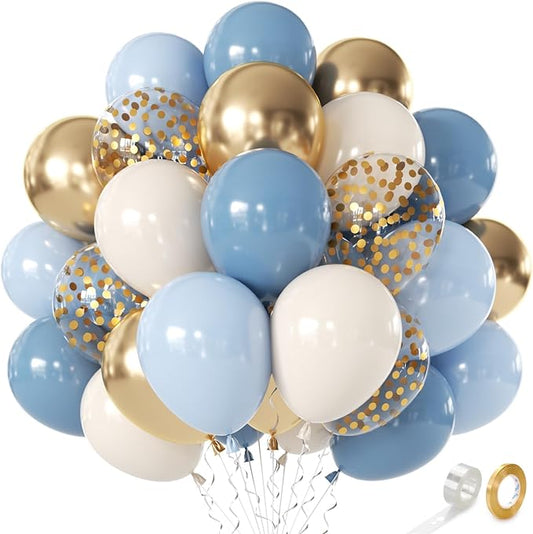 Dusty Blue White and Gold Balloons - 50Pcs 12" Baby Light Pastel Muted Blue Metallic Gold Balloons for Gender Reveal Baby Boy Shower Birthday Graduations Weddings Anniversary Party Decorations