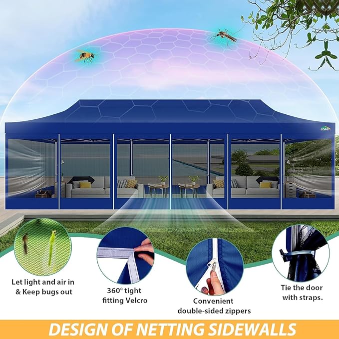 COBIZI 10x30 Pop Up Canopy with Sidewalls, Heavy Duty Canopy with Mosquito Netting, Easy up Screen Party Tents for Parties Backyard Outdoor Commercial Event Gazebo with Roller Bag, Sandbags, Deep Blue