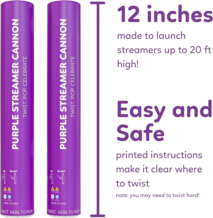 2 Pack Streamer Cannon Confetti Poppers | Biodegradable Purple Confetti | TUR Party Supplies | Launches Up to 25ft | Giant (12 in) | Party Poppers for Graduation, Birthdays, Weddings, and Celebrations