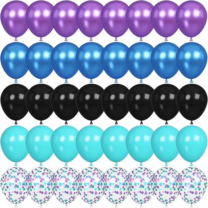 60 Pcs Black Purple Blue Balloons, Metallic Blue Purple Black Teal Confetti Latex Party Helium Balloons for Kids Boys Video Game Baby Shower Gaming Engagement Graduation Birthday Party Decorations