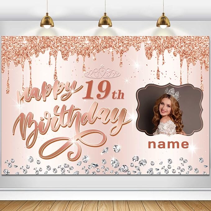 Customizable Rose Gold Happy 19th Birthday Decoration Banner - Personalized with Name and Photo