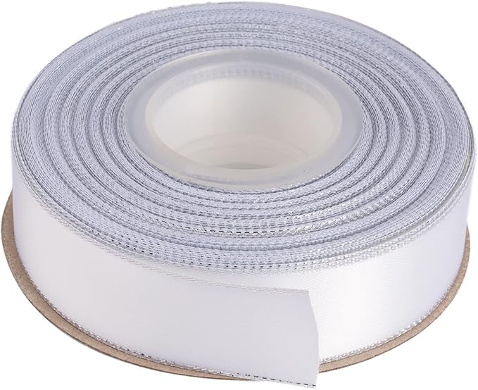 1" Double Face Satin Ribbon with Silver Edge 25 Yards (029-White), Perfect for Gift Wrapping, Party Decor, Wedding and Craft
