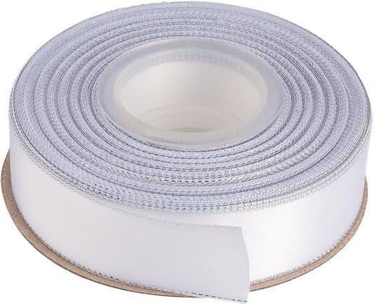 1" Double Face Satin Ribbon with Silver Edge 25 Yards (029-White), Perfect for Gift Wrapping, Party Decor, Wedding and Craft