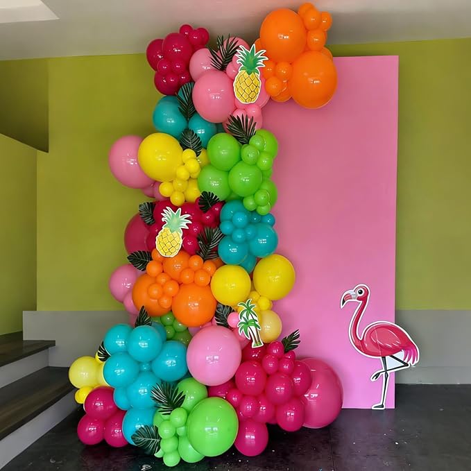 Tropical Balloons, Hawaiian Party Balloons, Hot Pink Orange Teal Green and Yellow Latex Balloon for Summer Birthday Baby Shower Tropical Party Decorations