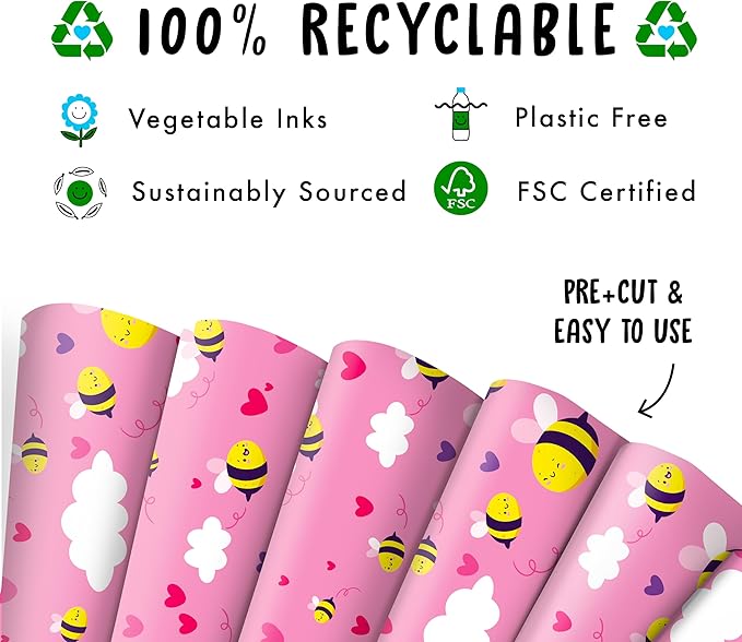 CENTRAL 23 Pink Wrapping Paper - 6 Sheets Of Gift Wrap - Bumble Bee And Heart Design - Girls Wrapping Paper For Birthday Baby Shower Valentine's Day - Recyclable