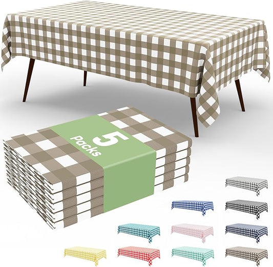 Smiry 5 Pack Khaki Gingham Disposable Tablecloths - 54" x 108" Heavy Duty Plastic Table Cloth, Waterproof Buffalo Plaid Table Covers for Picnic, Banquets, Outdoor Parties