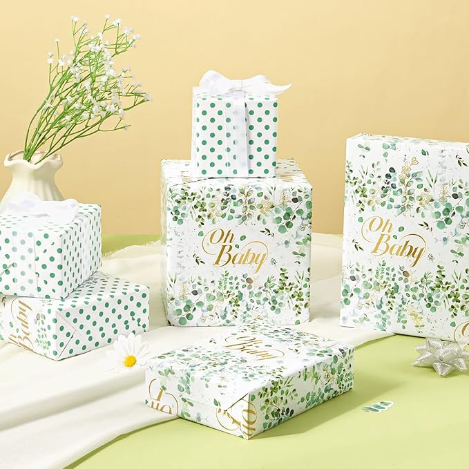 WERNNSAI Green Sage Wrapping Paper - 1 Roll 17”x 33 ft Baby Shower Wrapping Paper Green Flower Gift Packing Supply Wedding Bridal Shower Wrap Decor Favor for Baby Girls Birthday Festival Party