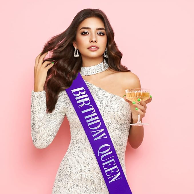 Birthday Queen Sash, Silver Foil Purple Birthday Sash for Women 21st 30th 40th 50th 60th 70th Fun Birthday Party Favors Gifts Decorations