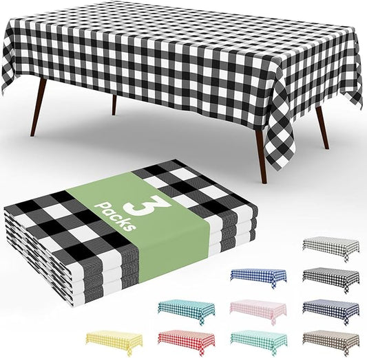 Smiry 3 Pack Black Gingham Disposable Tablecloths - 54" x 108" Heavy Duty Plastic Table Cloth, Waterproof Buffalo Plaid Table Covers for Picnic, Banquets, Outdoor Parties