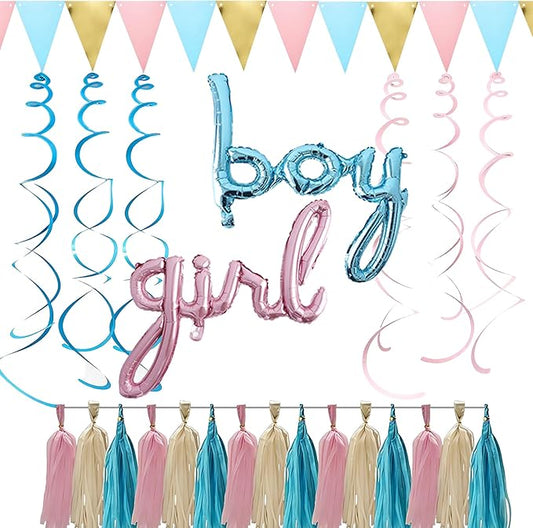 Gender Reveal Decorations Kit - Simple Boy or Girl Party Supplies with Foil Balloons, Tissue Paper Tassels, Pennant Banner & Hanging Swirls - Easy Setup Baby Shower Decor Set
