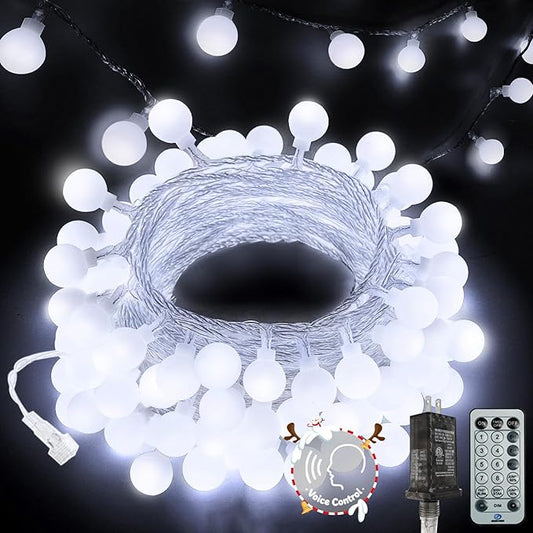 2026 New Connectable 43FT Smart Voice Controlled String Lights Indoor Outdoor | 100LED White Globe Fairy Lights with Remote & Timer | 12 Modes Waterproof Twinkle Light for Classroom Room Decorations