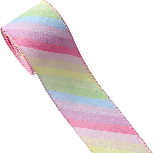 Meseey 2.5 Inch x 10 Yards Rainbow Pastel Striped Wired Ribbon, Gradient Color Wired Edge Ribbon for Easter Wreaths, Gift Wrapping, Easter Baskets, DIY Crafts, Birthday Party Decorations