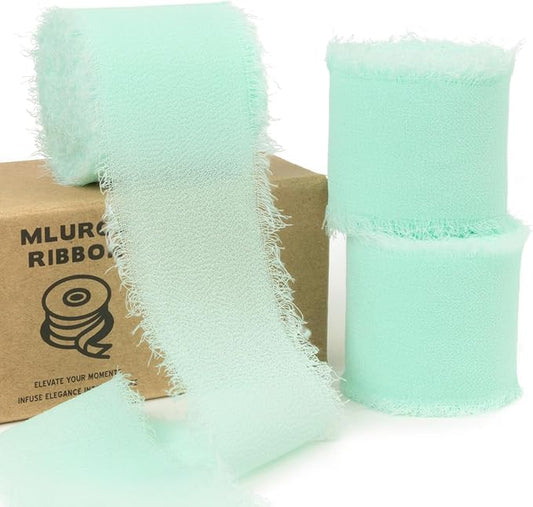 Aqua Chiffon Ribbon - 1-1/2 Inch x 21 Yards, Frayed Silk for Gift Wrapping, Wedding Invitation, Bridal Flower Bouquets