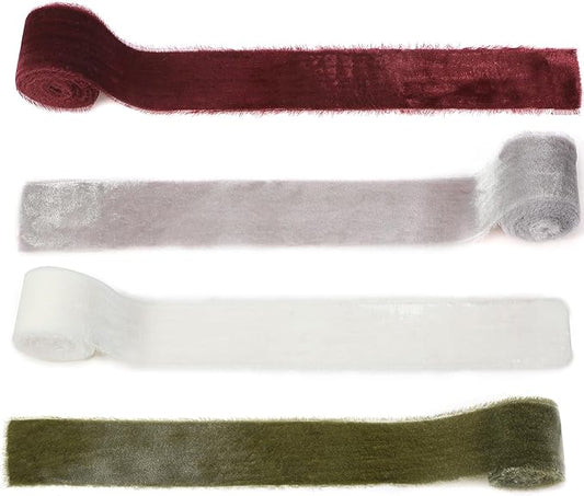 Canlierr 4 Roll Valentine's Day Silk Velvet Ribbon for Gift Wrapping Fringe Fabric Frayed Velvet Ribbon Raw Edge for Valentine Day Party Wedding Decor Bouquet Basket Hair(Fresh Color,2 in X 16 yd)