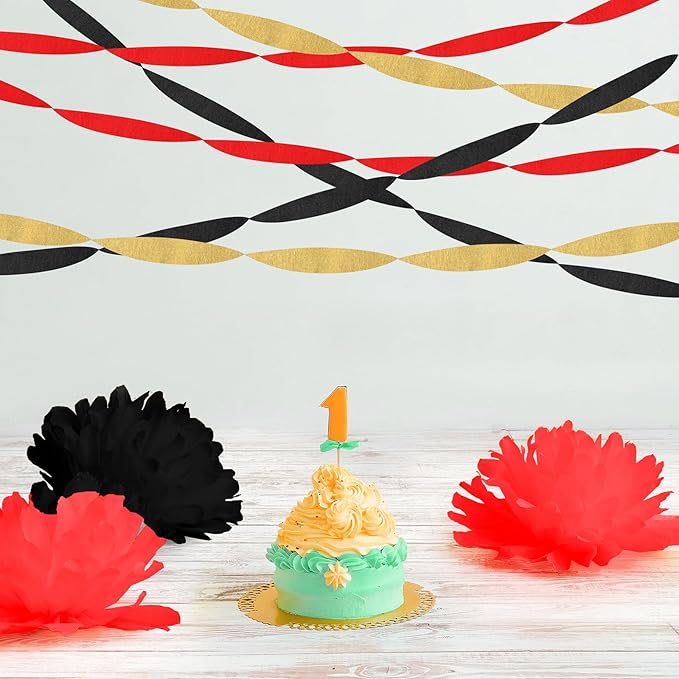 Kisston 10 Rolls Crepe Paper Streamers 820 Ft, Red Gold Black Crepe Paper Decorations for Wedding Ceremony Birthday Party