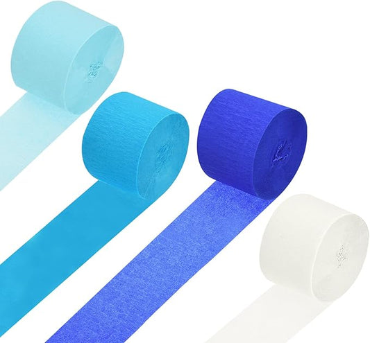 Crepe Paper Roll, 4 Rolls 328ft Crepe Paper Streamers, [for Party Streamer Decorations, Birthday Party] - (1.8 Inch x 82 ft/Roll) / Light Blue, Deep Blue, Lake Blue, White