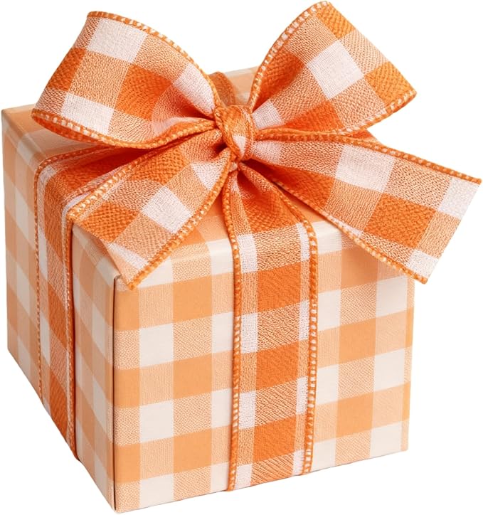 Meseey 4 Inch x 10 Yards Orange White Buffalo Check Wired Ribbon, Fall Burlap Wired Edge Ribbons for Large Wreaths, Big Bows, Gift Wrapping, Thanksgiving & Halloween Decor