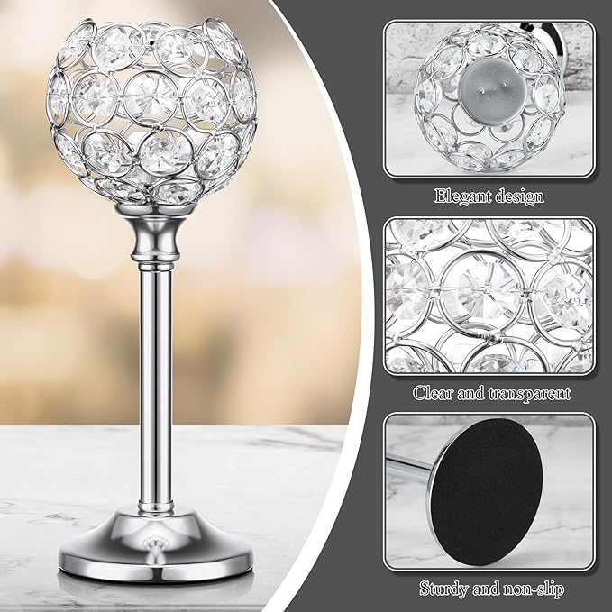 Mimorou 12 Pack Crystal Candle Holders Gold or Silver Candle Holders Bulk Tealight Candlestick Crystal Candelabras for Wedding Party Valentine Christmas Dining Table Centerpieces Decoration (Silver)