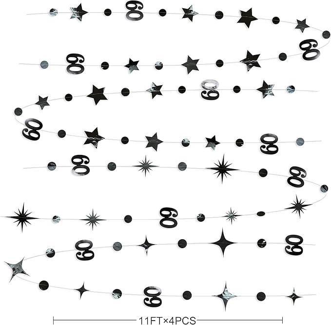 Black 60th Birthday Decorations Number 60 Circle Dot Star Garland Hanging Streamer Bunting Banner Backdrop for Mens Cheers to 60 Years Old Happy 60th Birthday 60th Anniversary Sixty Party Supplies