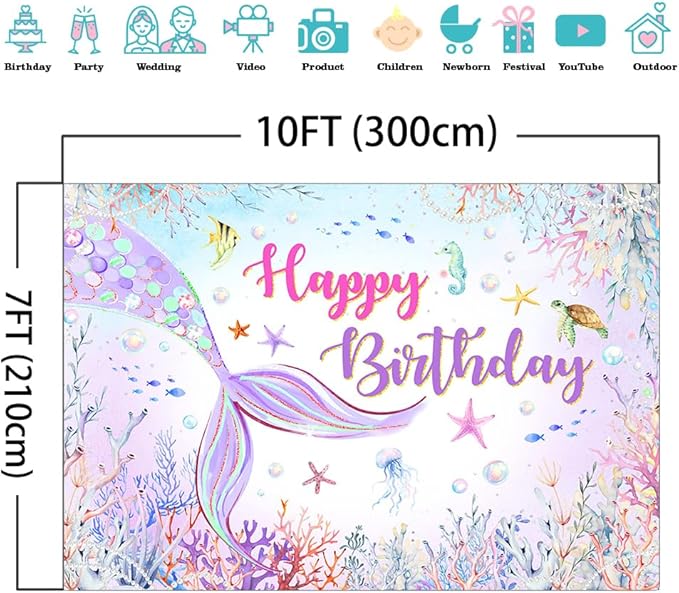Mocsicka Mermaid Birthday Backdrop Blue and Purple Under The Sea Background for Girls Birthday Party Decor Photo Booth Props (10x7ft)