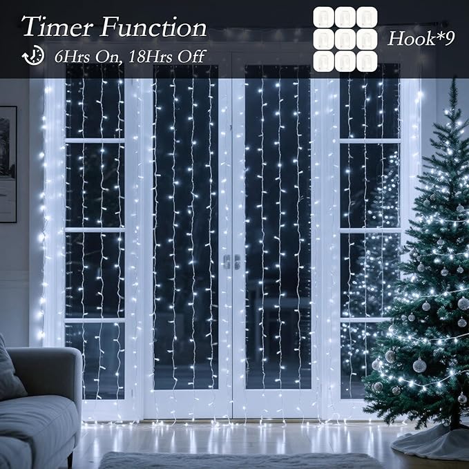 300 LED Curtain String Lights 9.8 * 9.8FT Plug in Fairy Lights with Timer and 8 Modes, Waterproof Window Wall Lights for Bedroom Wedding Party Indoor Outdoor Christmas Decor