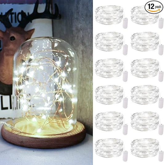 12 Pack Fairy Lights Battery Operated, 7FT 20 LED Waterproof Silver Wire Firefly Starry String Lights, Ideal for Wedding Centerpieces, Mason Jars, Party, Christmas Decor(Cool White)