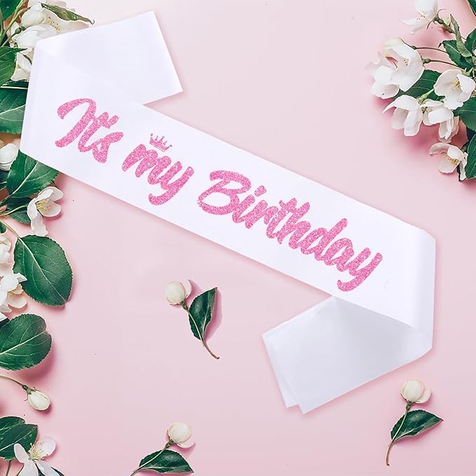 It's My Birthday Sash White with Glitter Pink Letters Happy Birthday Sash for Women Girl Bday Gift Ideas Party Favors