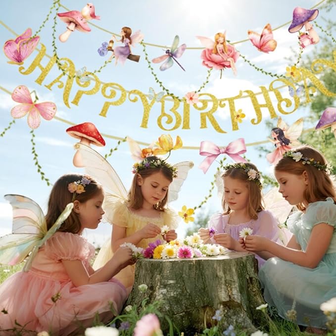 SUNBEAUTY Fairy Birthday Party Banner Fairy Party Decorations Fairy First Birthday Party Decorations for Girls Women Flower Mushroom Garland Leaf Vine String for Baby Shower Wonderland Spring Summer Garden Tea Party