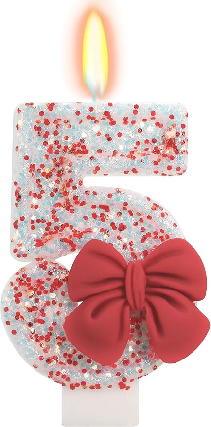 Birthday Candle for Cake, Red Bow Number Candles, 2.76 inch Cake Topper Decoration for Birthday Party (Number 5)