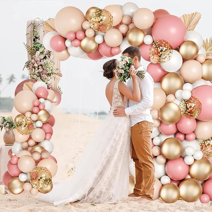 Pink White Balloon Arch Kit, Retro Pink Nude Matte White Metallic Gold Balloons and Gold Confetti Balloons for Valentines Day Boho Engagement Wedding Bridal Shower Birthday Decorations