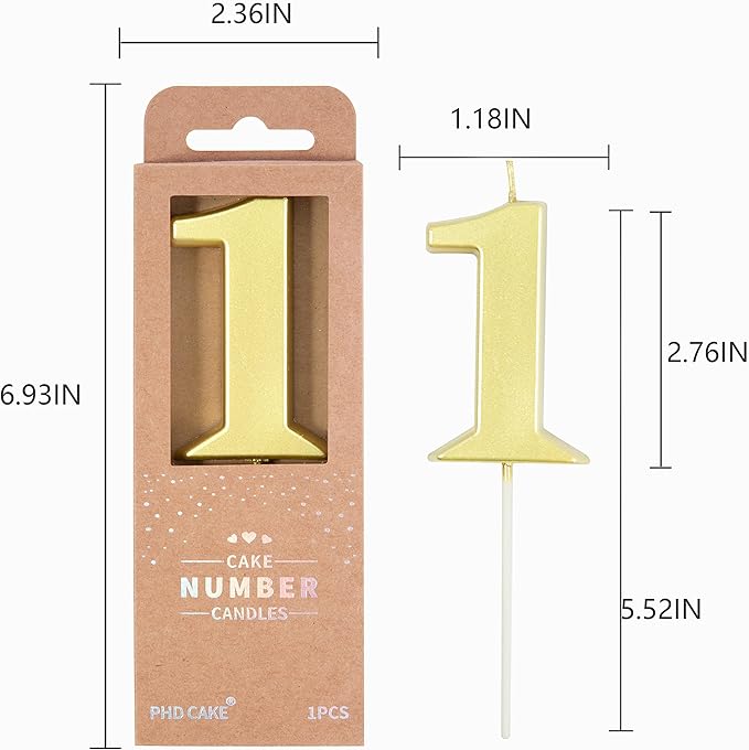 PHD CAKE 2.76 Inch Modern Gold 1 Number Birthday Candles, Gold Number Candles, Cake Number Candles, Party Celebration