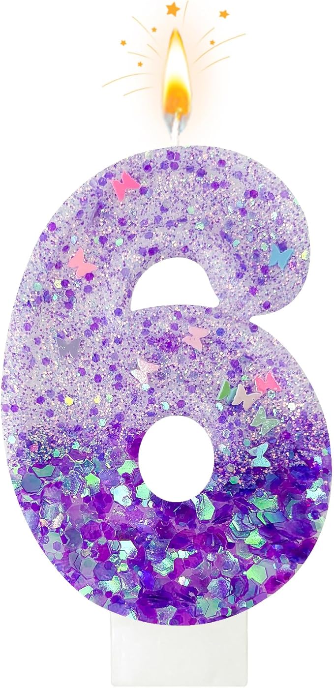 Purple Sequin Birthday Candles, Cake Number Candles, Girls 0th Birthday Decorations, Suitable for Birthday Parties, Anniversary Party Decorations(6)