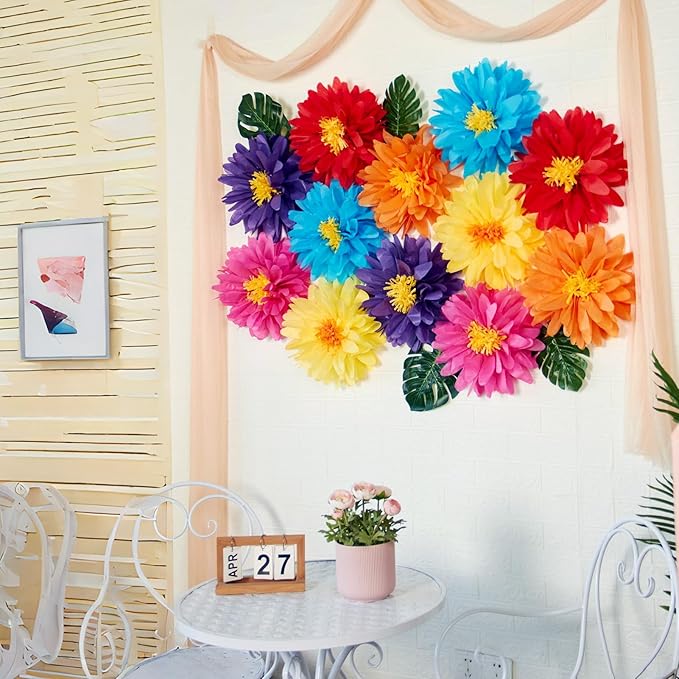 12PCS Mexican Paper Flowers Colorful Fiesta Tissue Paper Flowers Pom Poms Flowers Party Decoration for Wall Floral Carnival Wedding Birthday Craft Decor