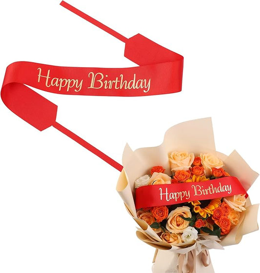 Set of 12 Bouquet Banner Grosgrain Ribbon Tie Wrap Printed Sash Florist Bulk Supply for Floral Arrangements (RED - Happy Birthday)
