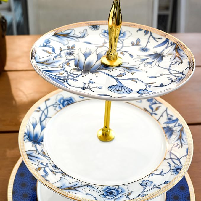 ACMLIFE Porcelain Cake Stand, White and Blue Bone Cupcake Stand, 3 Tier Wedding Cake Stand, Dessert Stand, Afternoon Tea Display Stand (Bone china 3)