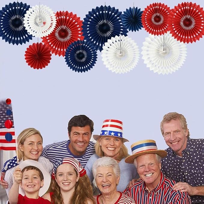Red White Blue Hanging Honeycomb Round Paper Fans Decoration Patriotic Theme Tissue Paper Fan Garland for Shower Birthday Graduation Wedding Party Supplies 11 Count