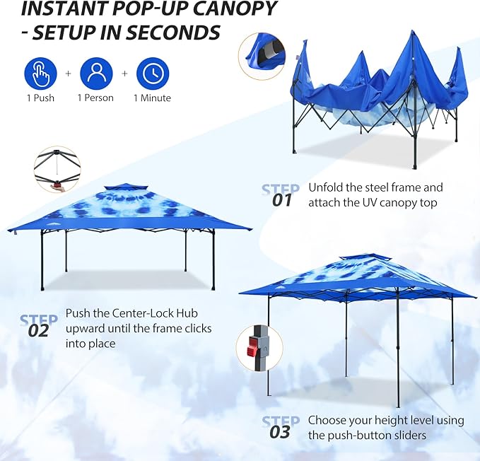 EAGLE PEAK 13x13 Straight Leg Pop Up Canopy Tent Instant Outdoor Canopy Easy Single Person Set up Folding Shelter w/Auto Extending Eaves 169 Square Feet of Shade (Tie Dye Blue)