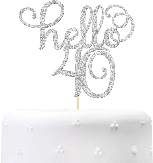Sliver Glitter Hello 40 Cake Topper - Cheers to 40th Years - 40 and Fabulous Cake Topper - 40th Birthday/Wedding Anniversary Party Sign Decorations