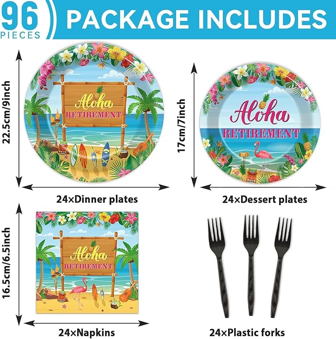 Tropical Hawaiian Luau Happy Retirement Party Decorations Aloha Retirement Party Plates Napkins Beach Paper Plates Summer Aloha Disposable Dinnerware for Hawaiian Beach Theme Decors Supplies Serve 24