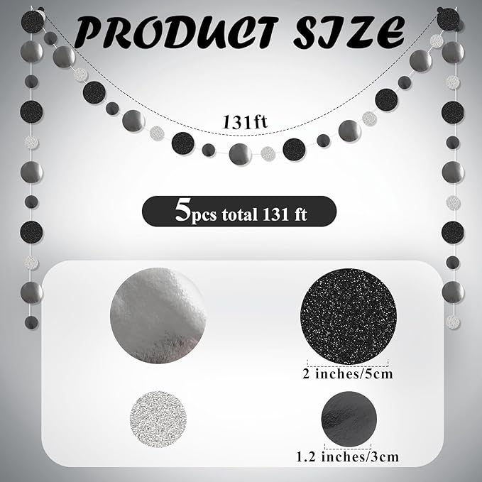 Outus 5 Pieces Black,Silver Round Dots Garland Graduation Party Hanging Decor Each Length 13.1ft Glitter Paper Dot Streamers for Birthday Wedding Classroom Supplies