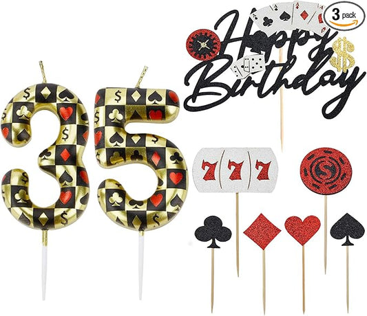 Casino Birthday Number Candles for Cake, Poker Birthday Candles for Casino Themed Birthday Party Decoration, Glitter Casino Birthday Cake Topper for Casino Night Theme Birthday Cake(Number 35 & 53)