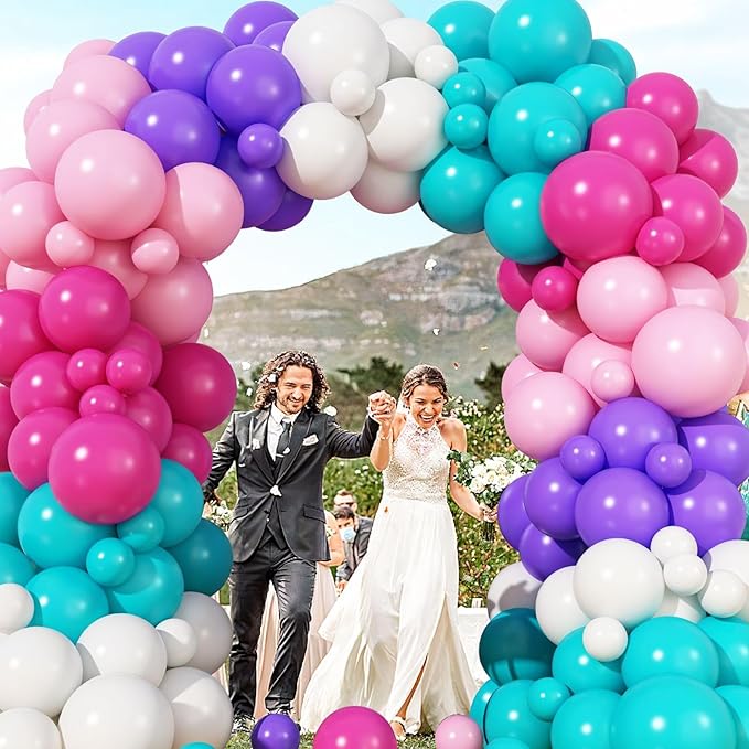 HILAVO Pink Purple Balloon Arch Kit 130 Pcs Blue Purple Pink Party Balloons Garland Pastel Hot Pink Teal Purple White Latex Balloon for Girls Mermaid Birthday Baby Shower Wedding Party Decorations