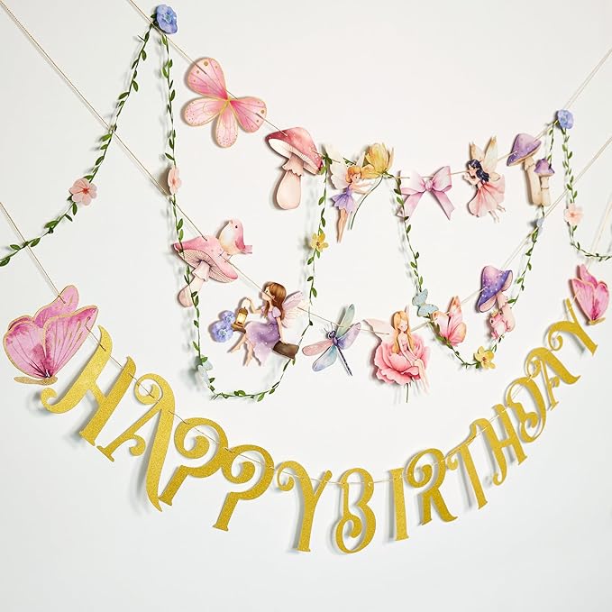 SUNBEAUTY Fairy Birthday Party Banner Fairy Party Decorations Fairy First Birthday Party Decorations for Girls Women Flower Mushroom Garland Leaf Vine String for Baby Shower Wonderland Spring Summer Garden Tea Party