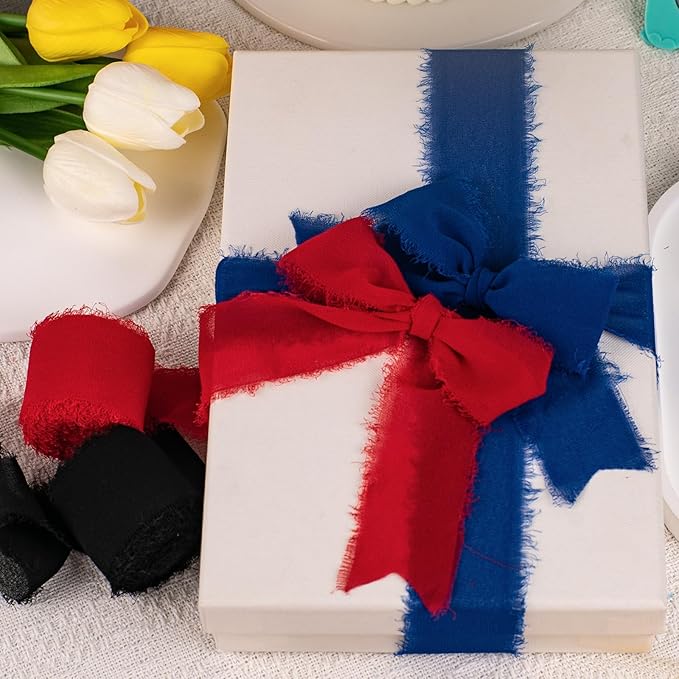 Chiffon Ribbon, Black Red Blue Silk Ribbon, Spider Theme Party Decoration, 1-1/2''x21Yd Handmade Frayed Fringe Ribbon for Wrapping, Floral Vase, Crafts, Invitation Card, Birthday, 3 Rolls