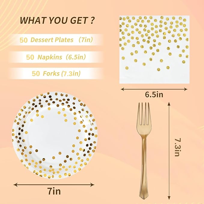 White and Gold Paper Plates and Napkins Party Supplies-50 x 7'' Dessert Plates & 50 x 6.5''Napkins & 50 x 7.3''Forks,Disposable Paper Tableware Set for Birthday,Wedding,All Occasions