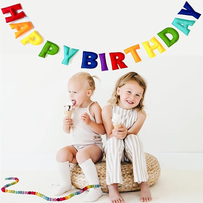 Pre-Strung Happy Birthday Banner - Felt Ball Garland, Rainbow Party Decorations, HAPPY BIRTHDAY Garland, Personalized Birthday Sign for Birthday Decor, Party Decor, Photo Prop (Rainbow Themed Happy Birthday Banner)