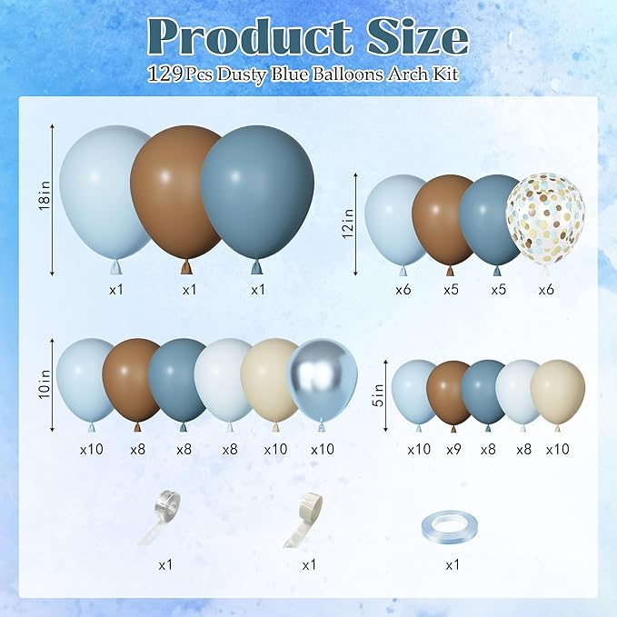 Ouddy Party Dusty Blue Brown Balloons Garland Arch Kit, Different Sizes 18 12 10 5 Inch Pastel Blue Tan Coffee Sand White Nude Latex Confetti Balloon for Bear Baby Shower Birthday Party Decorations
