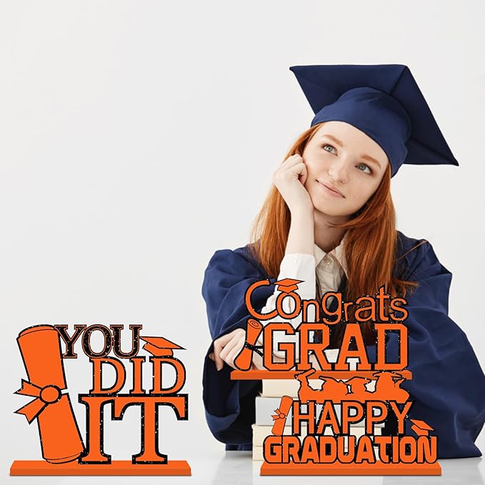 4Pcs Orange and Black Graduation Decorations Class of 2026 Congrats Grad Wooden Table Centerpieces Grad Table Decorations for Graduation Centerpieces