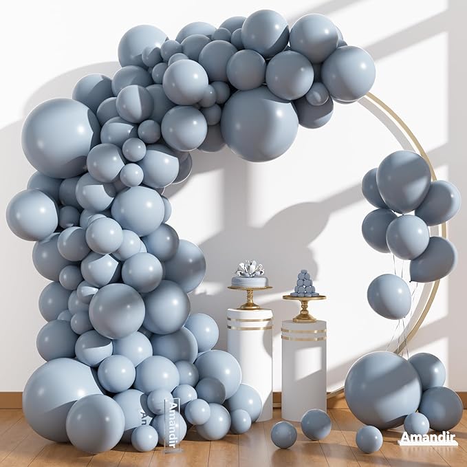 Amandir 153pcs Dusty Blue Balloons Arch Garland Kit Different Sizes 18 12 10 5 Inch Haze Pale Blue Latex Matte Balloon for Birthday Baby Shower Gender Reveal Wedding Engagements Party Decorations