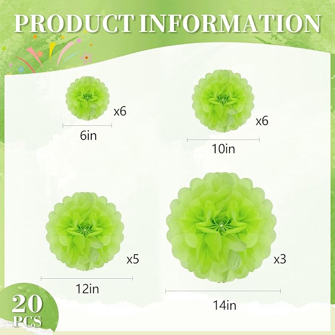 20 PCS Light Green Tissue Paper Pom Poms, Tissue Pom Poms Flowers, Sizes of 6", 10", 12", 14" Hanging Paper Flower Ball for Wedding, Birthday, Halloween, Christmas, Baby Shower Party Decor